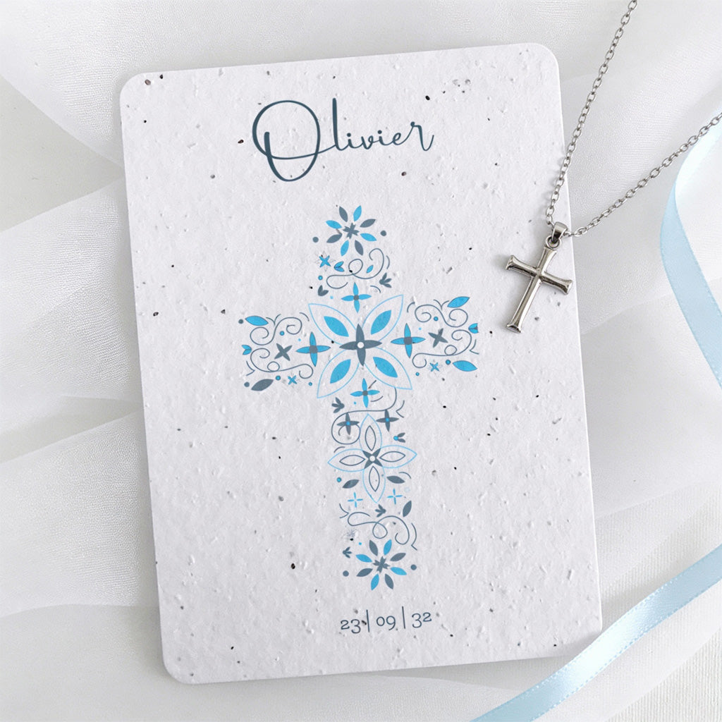 faire-part de baptême à planter croix bleue
