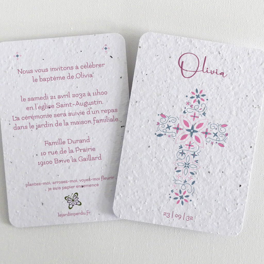 carte d'invitation baptême papier ensemencé
