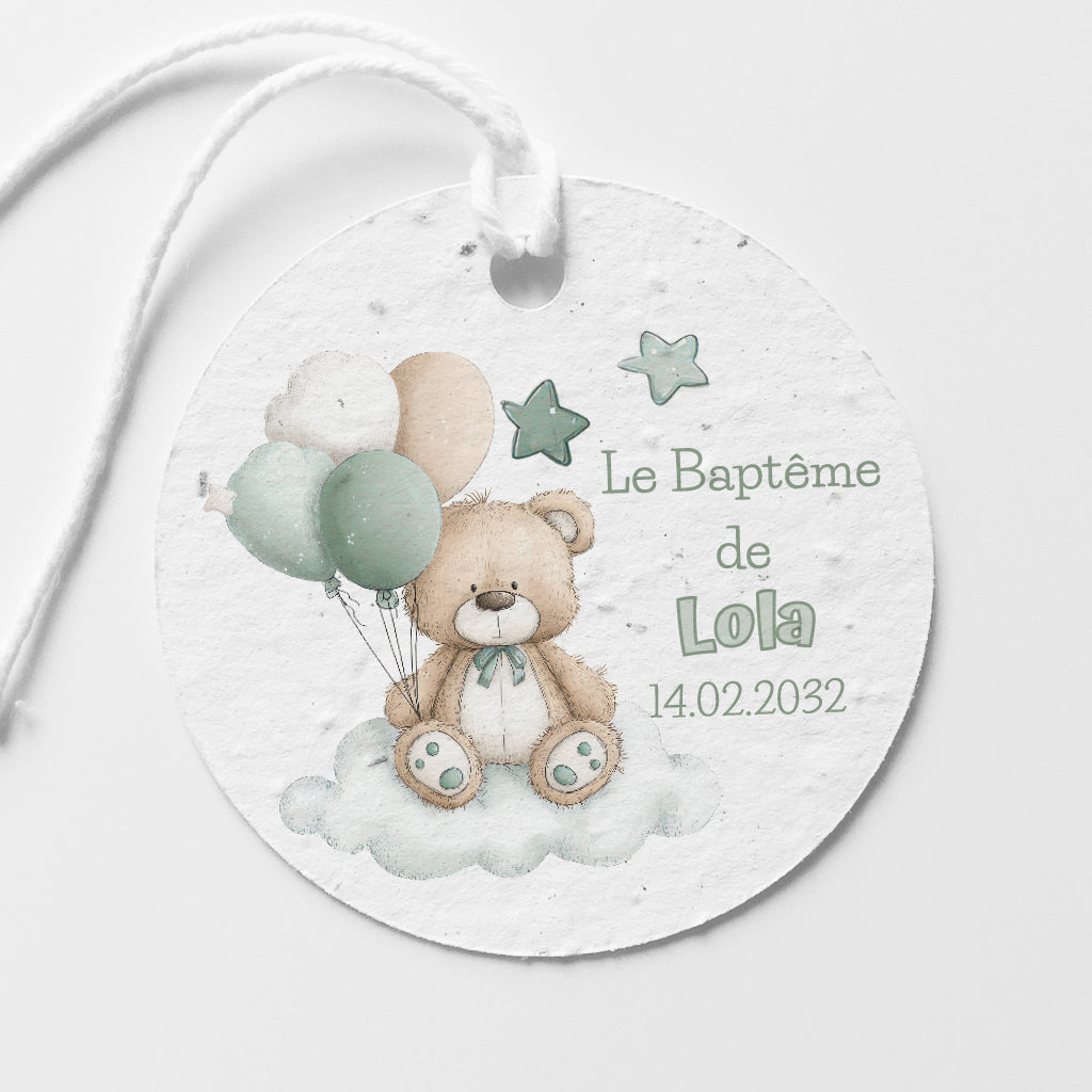 étiquette baptême nounours papier ensemencé