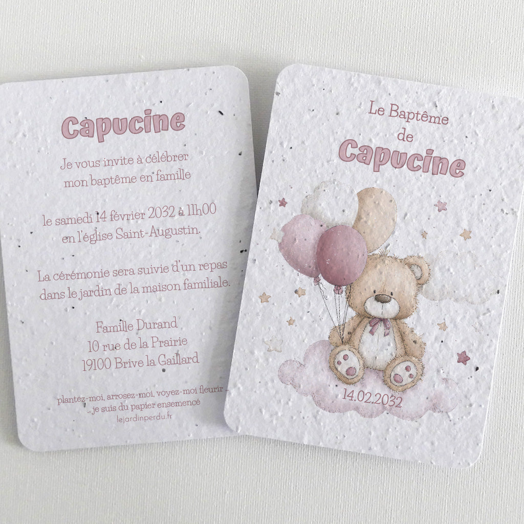 Faire-Part de Baptême Ensemencé - Nounours Rose 12,8cm x 17,9cm
