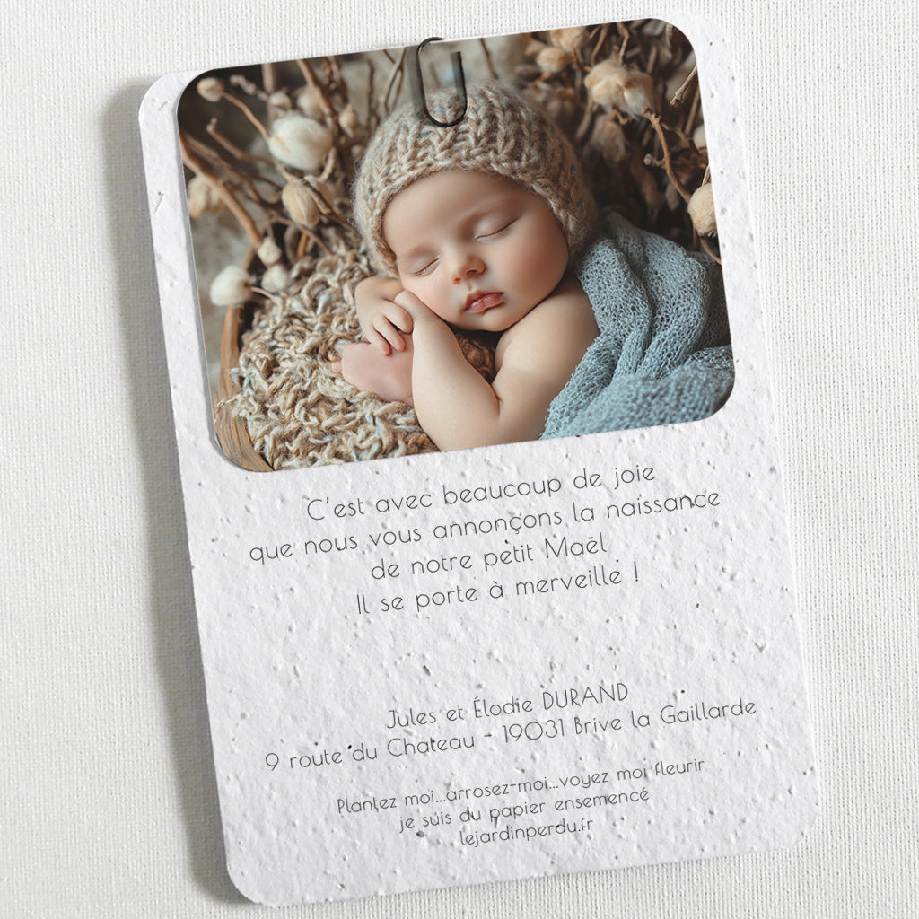 Faire-part de naissance écoresponsable papier ensemencé